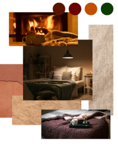 Planche d'inspiration pour avoir une chambre aux couleurs chaudes et réconfortantes