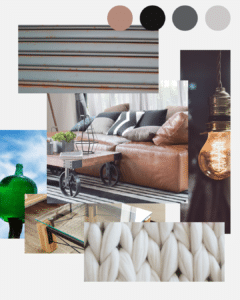 planche d'inspiration à la décoration industrielle pour décorer son salon avec un canapé convertible tendance